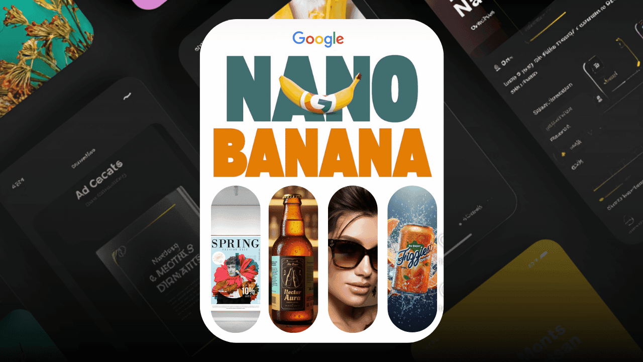 Mockup di esempio generato con Nano Banana AI di Google, che mostra contenuti per una vendita di moda, un'etichetta di birra "Nectar Aura", un primo piano di una modella e una lattina di Frizziest.