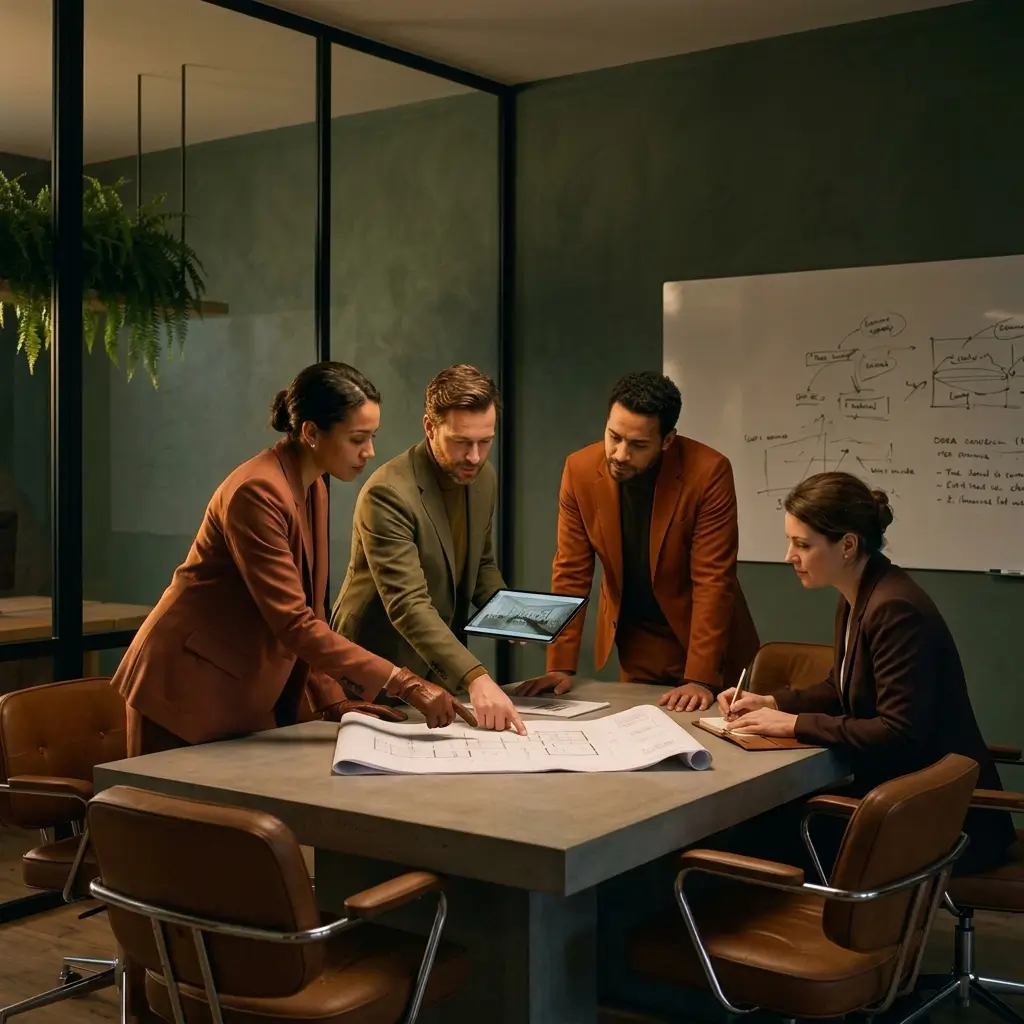 Design team collaborating on interior architecture plans at a meeting table.