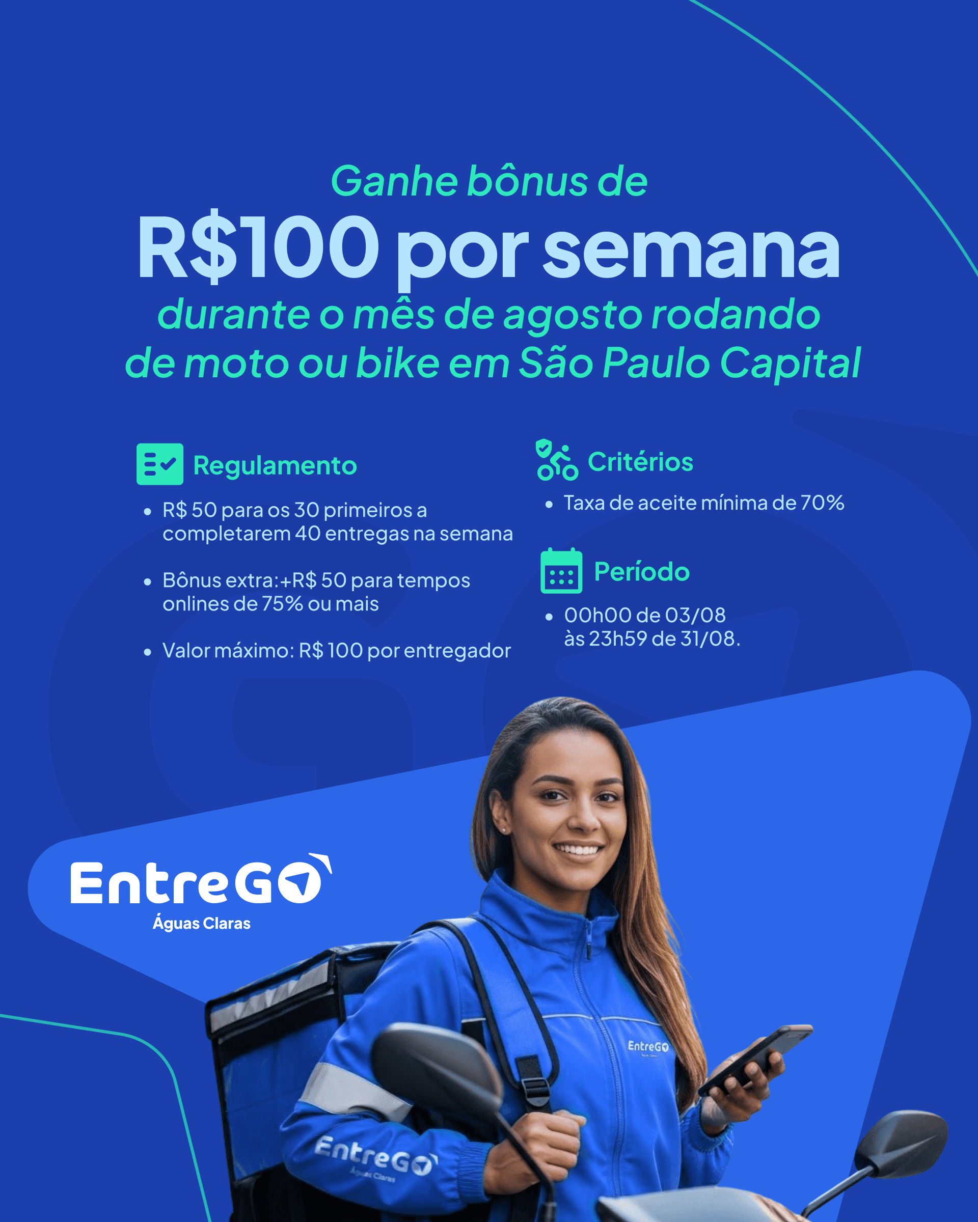 Semana Premiada São Paulo capital — ganhe bônus de R$ 100,00 por semana em agosto, moto e bike
