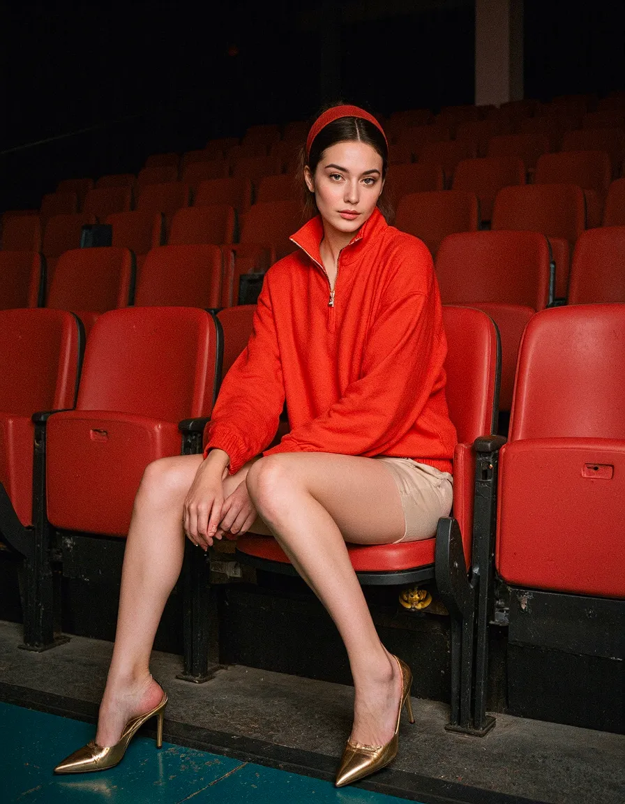 Woman in bright red pullover and beige shorts sitting in vintage red theater seats wearing gold heels
