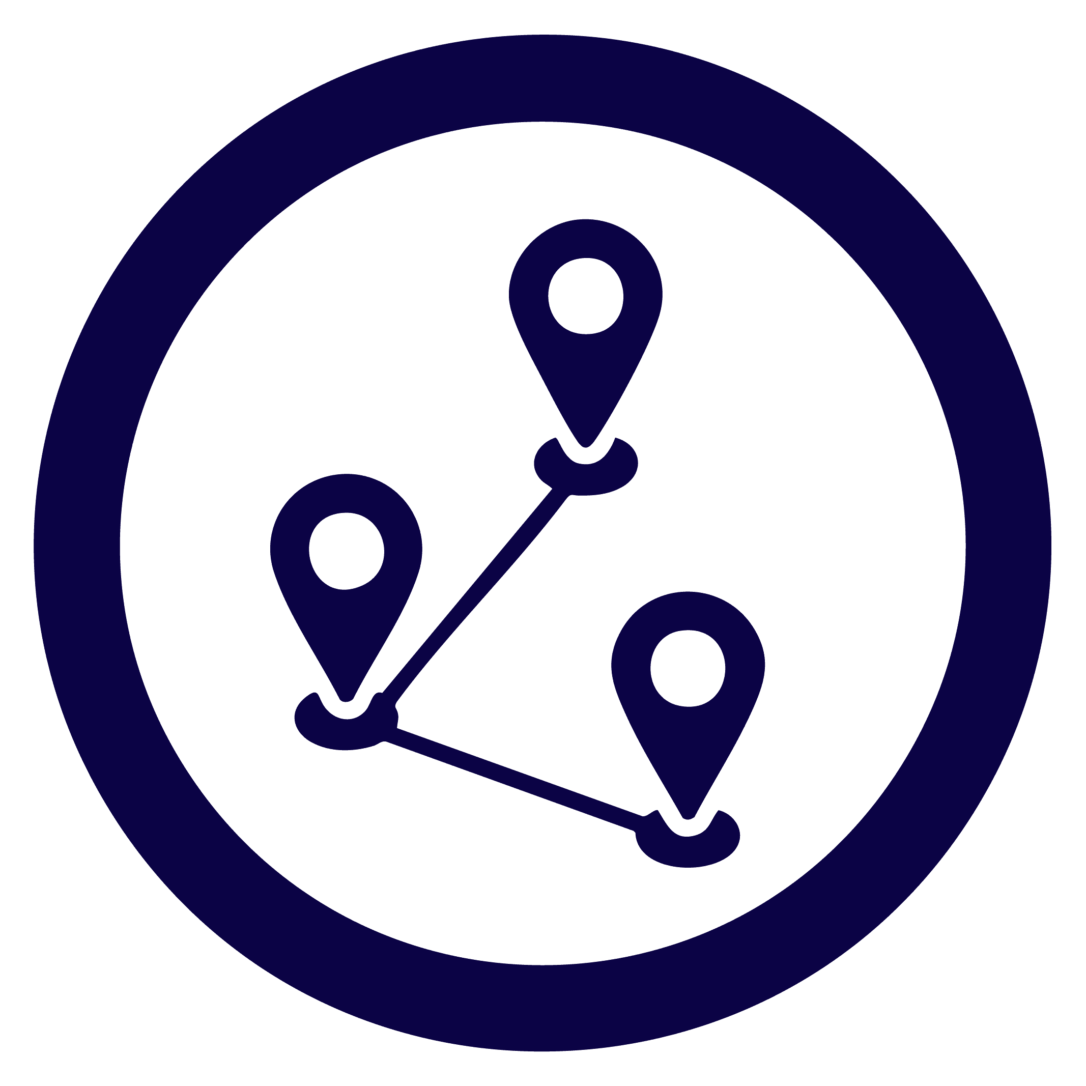 circle icon in blue of three location marers joined together by a line