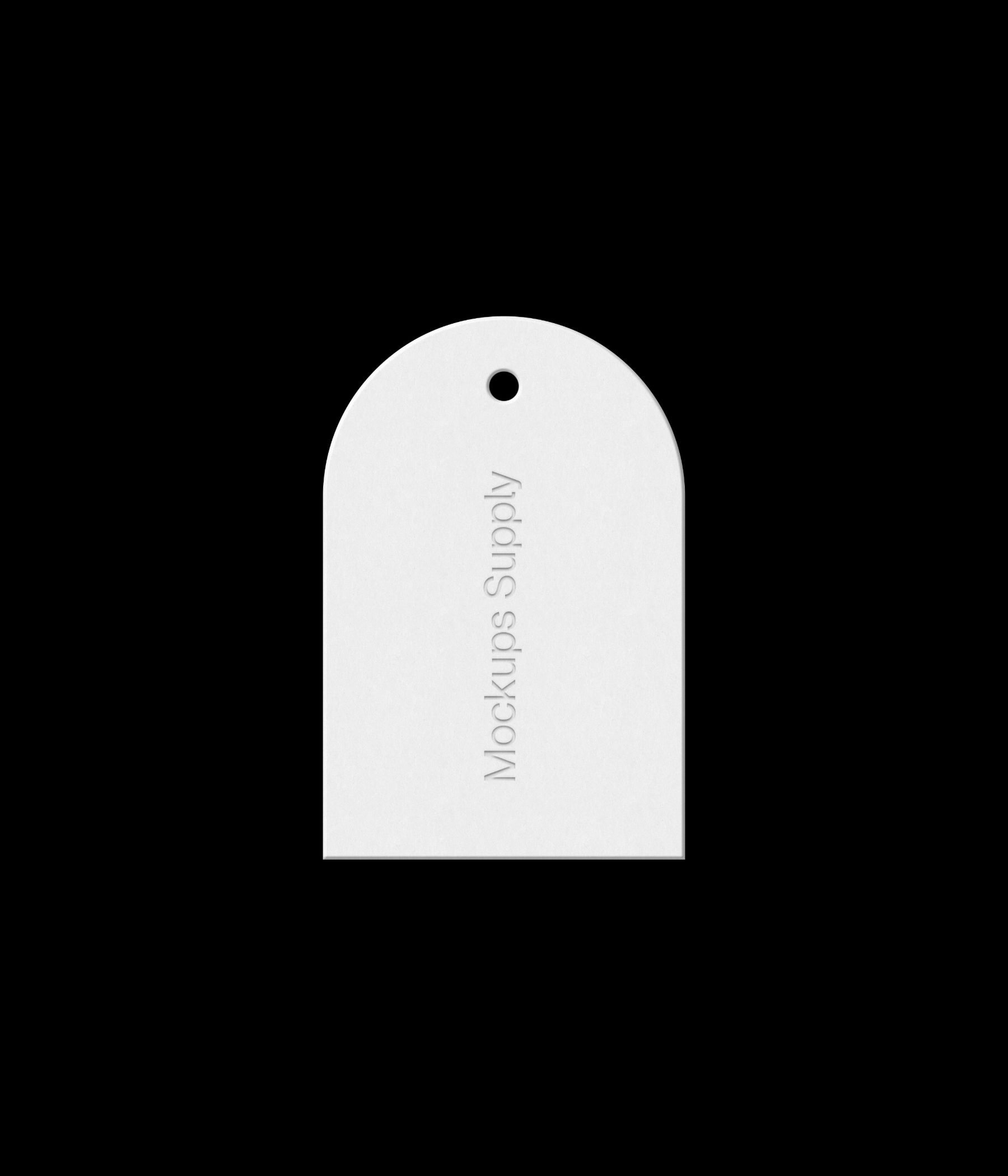 Arch white 2x3 hang tag mockup on black background with debossed text effect for Photoshop download psd