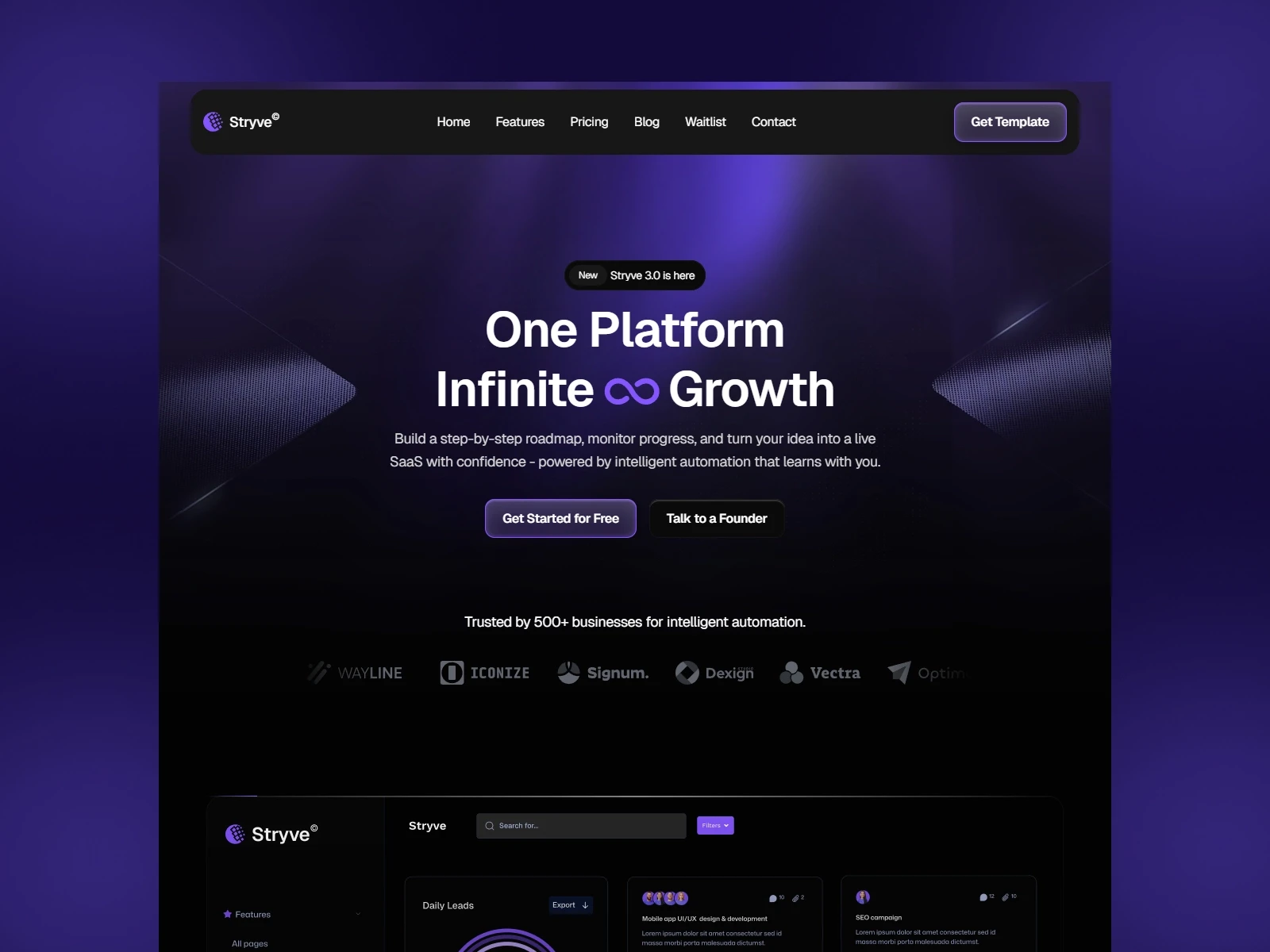 Stryve modern SaaS Framer template with clean UI design