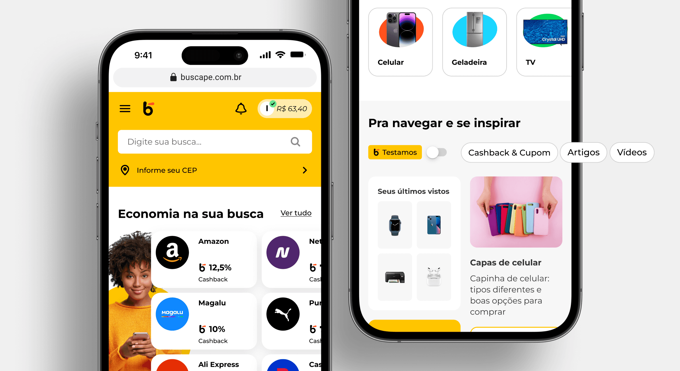 Dois smartphones com a página inicial do app Buscapé. Nelas é possível observar o novo trilho de cashback, as categorias em destaque, a seção de artigos e produtos recomendados além de seus filtros