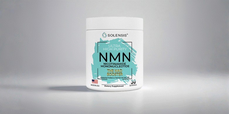 "Dr. Marion Gruffaz, founder of Solensis, promoting her NMN supplement for healthy aging backed by scientific research and integrity."