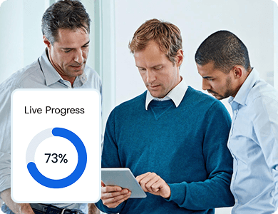 Three colleagues reviewing tablet data with a “Live Progress 73%” overlay, representing real-time project monitoring.