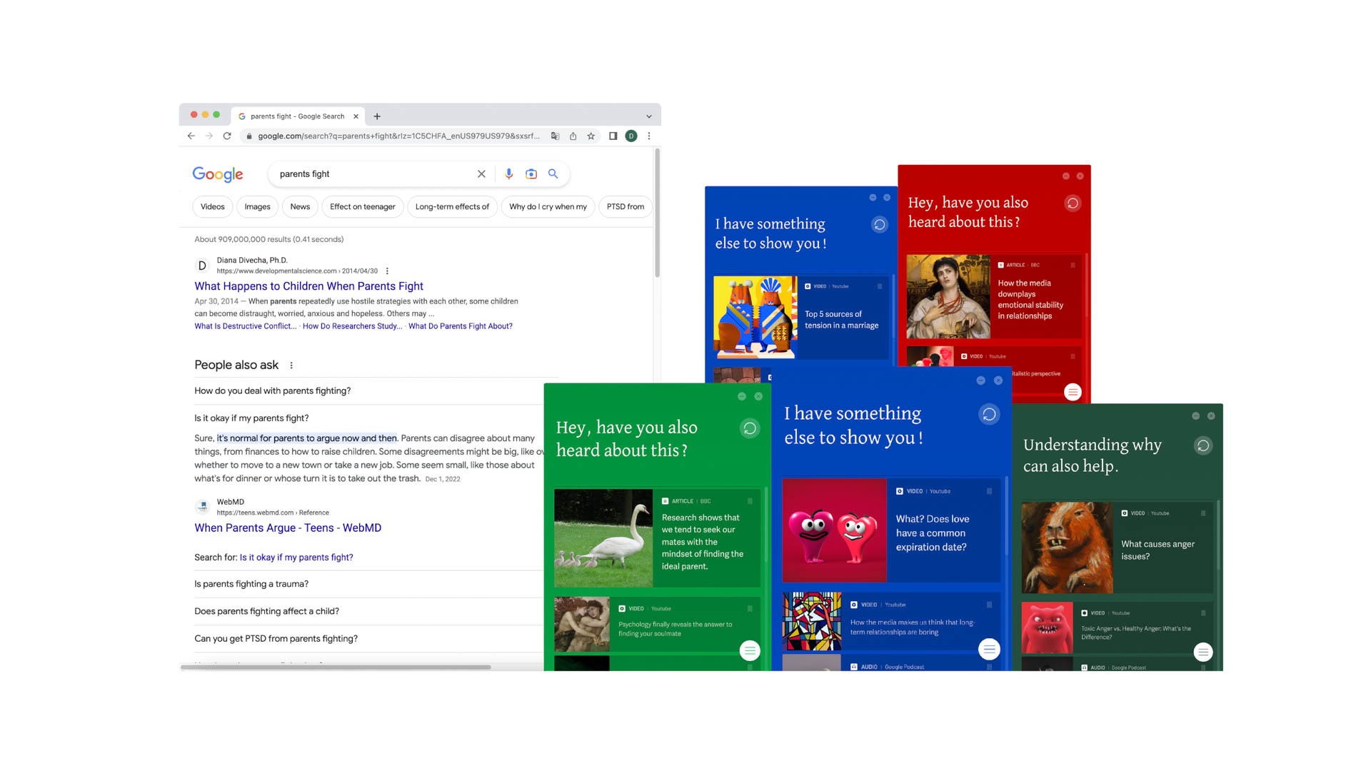 A Google Chrome browser window displays a Google search page showing results for “parent fights” with titles like “What Happens to Children When Parents Fight?” and “Understanding what causes such behavior.” Several smaller screenshots show Google Chat interfaces with messages like “I have something else to show you!” and “Hey, have you also heard about this?” The browser’s address bar shows “google.com/search?q=parent+fights+Google+”.