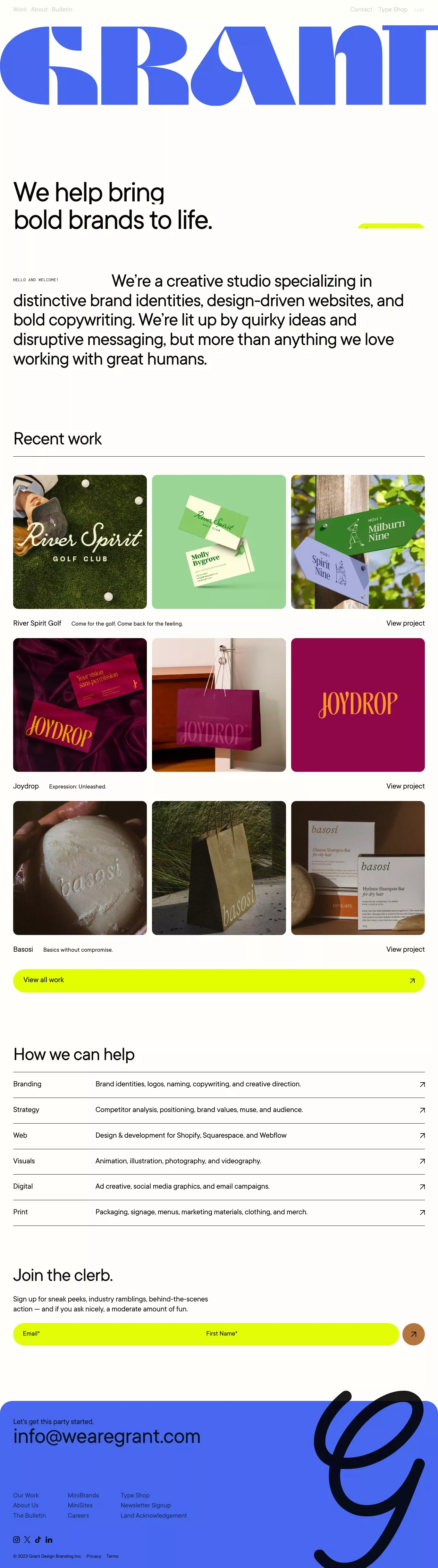 Grant: A Friendly Creative Studio. portfolio page screenshot showcasing Design and Tech design