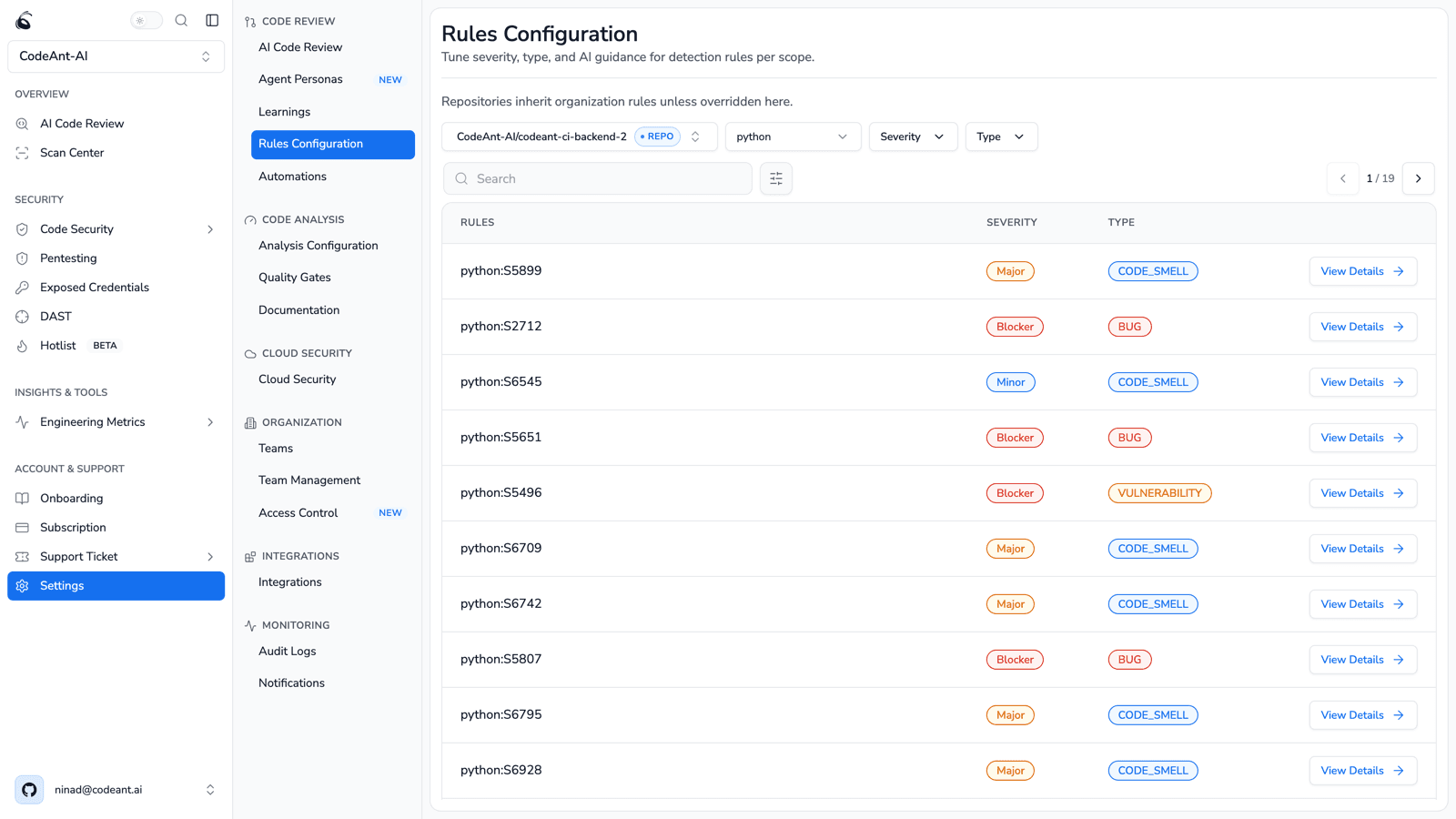 CodeAnt AI Rules Configuration page with per-rule severity and type settings for a repository