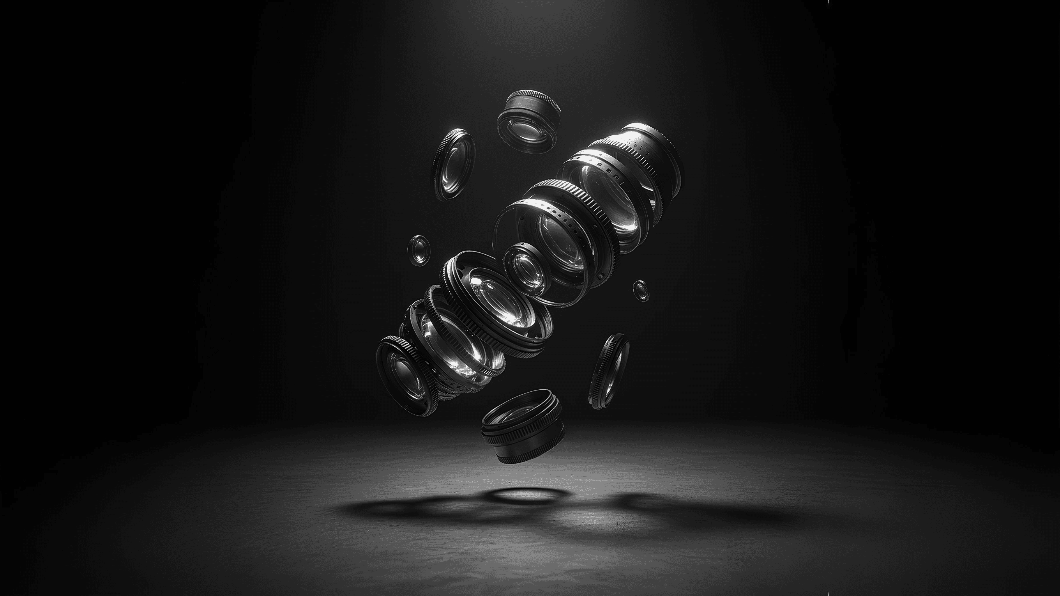Disassembled vintage camera lens with floating glass elements