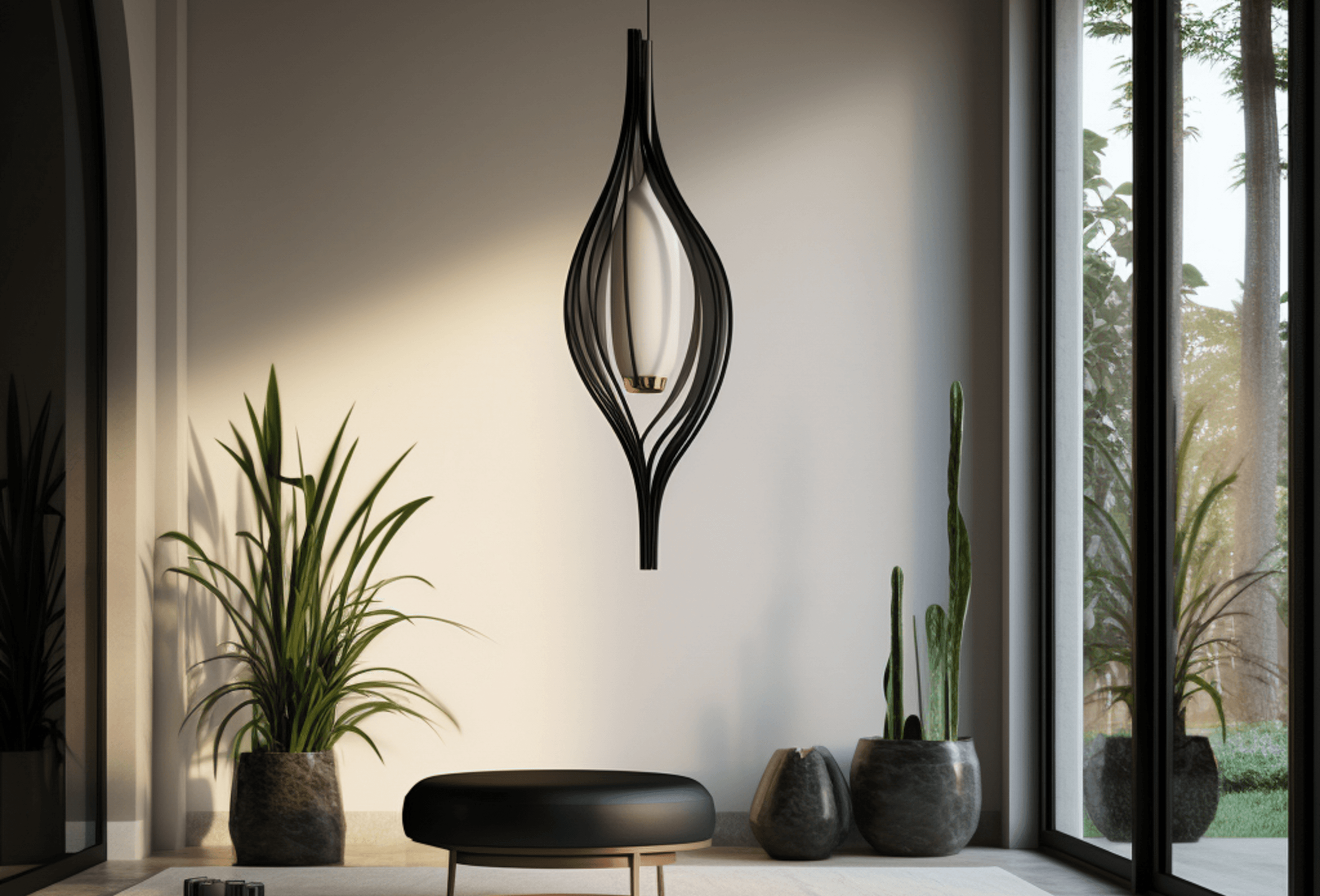 Modern interior with sleek pendant light and lush green plants.