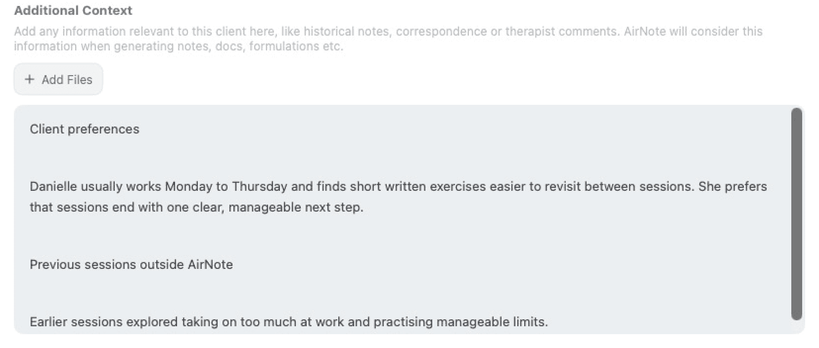 Additional Context organised under the short subheadings Client preferences and Previous sessions outside AirNote.
