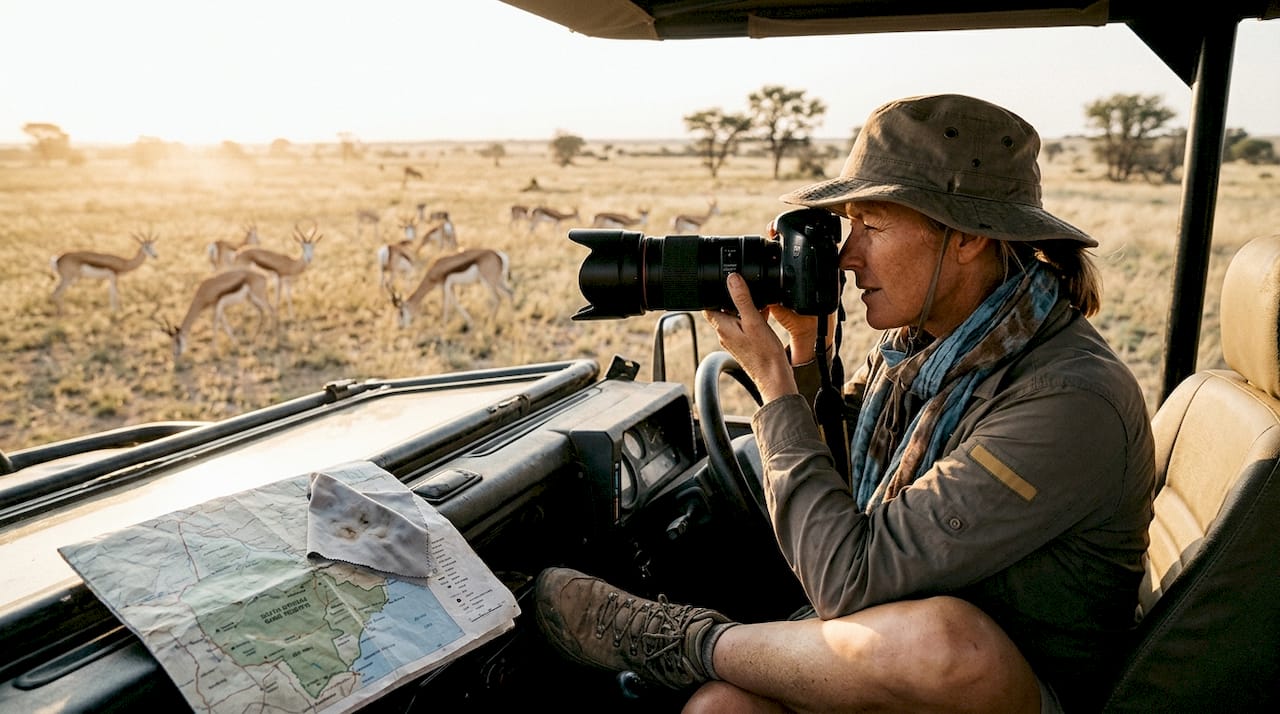 Traveler photographing springbok at golden hour
