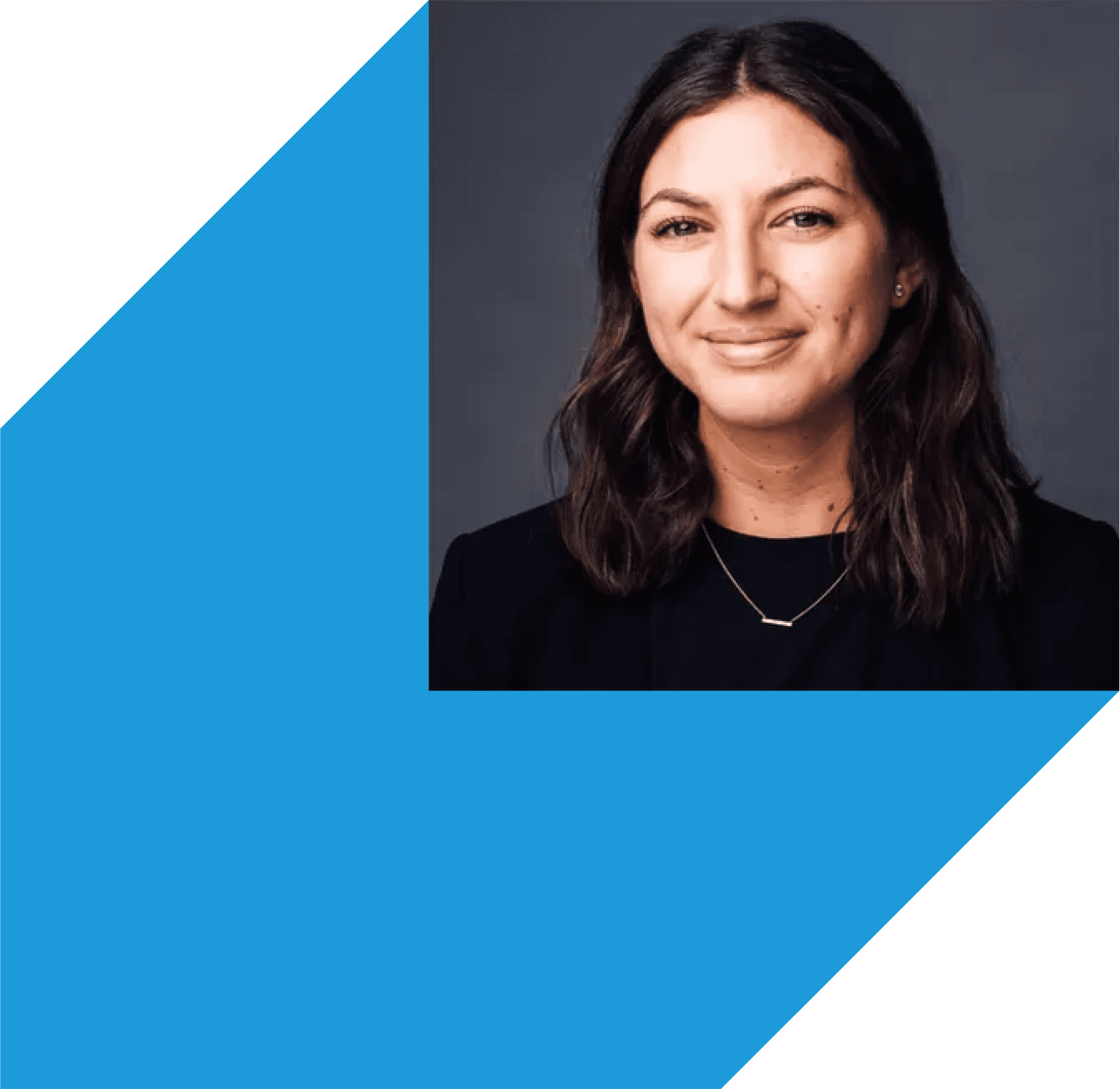 A woman with dark hair smiles, wearing a black top, set against a blue geometric background.