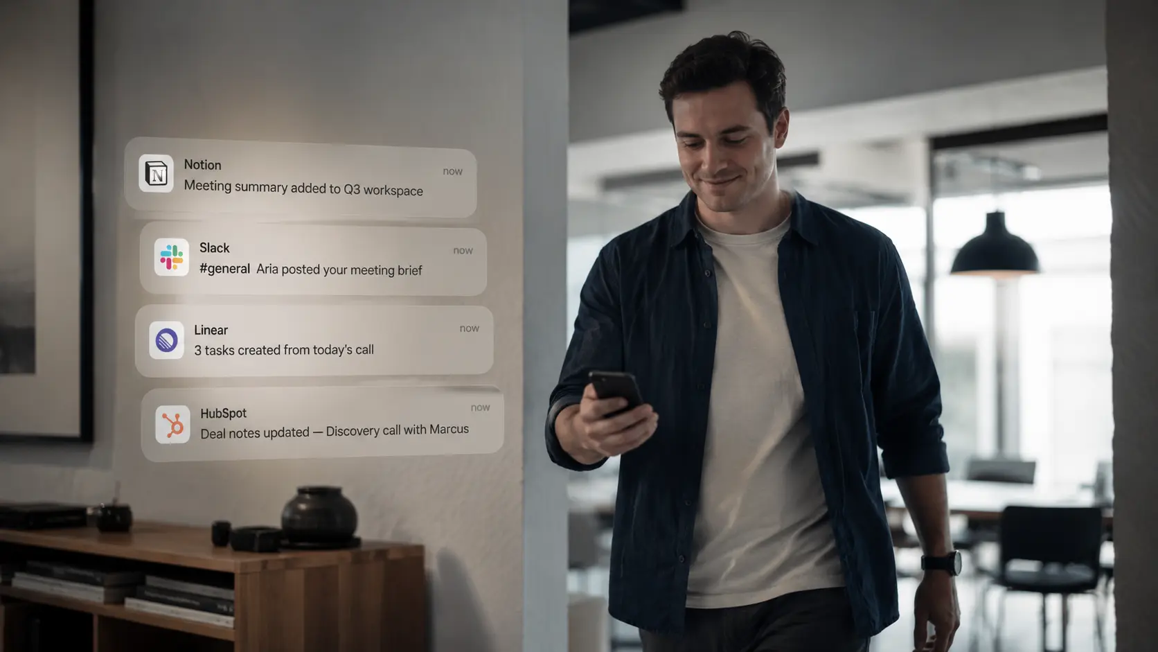 Aria integrations page showing Notion, Slack, Linear and other connected tools