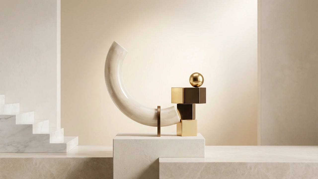 Abstract 3D sculpture balancing a curved white shape with geometric gold and brown metallic blocks.