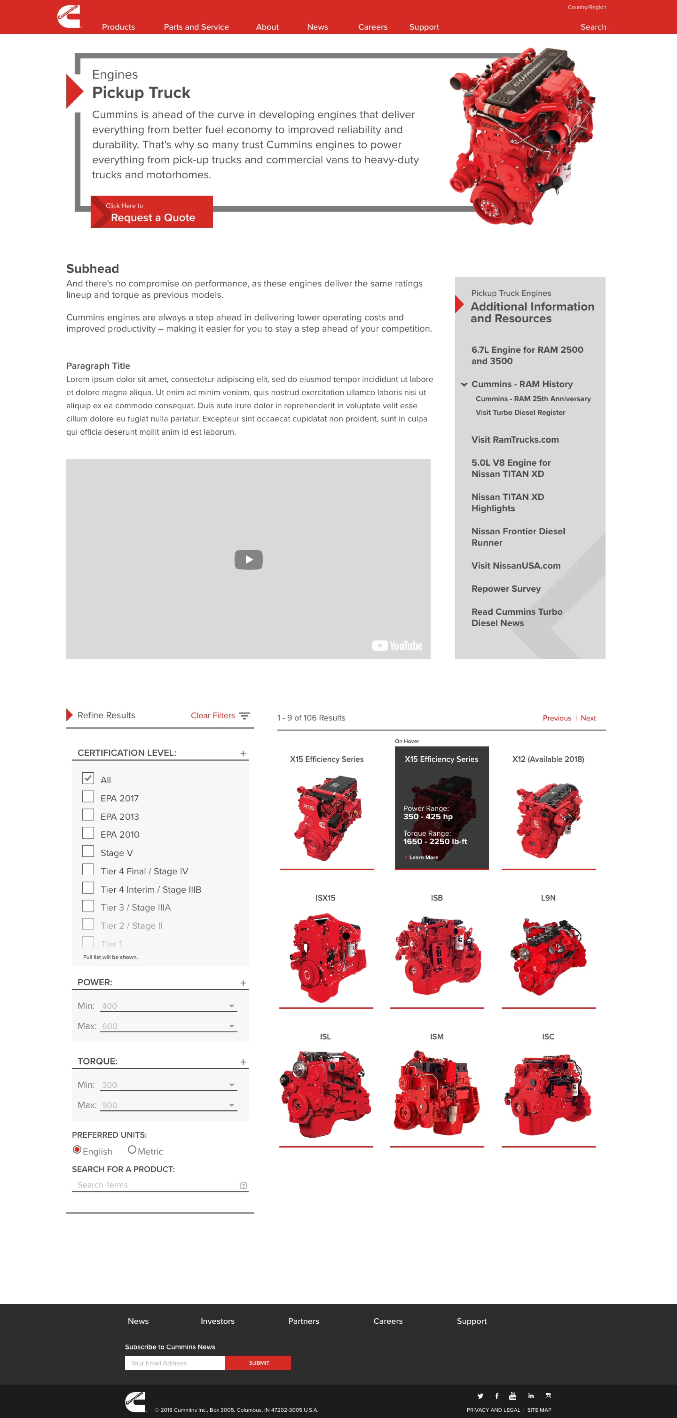 Website page layout of a Cummins engine for pickup truck. The page includes information about the engine. Lower down on the page it has a filter where users can search for different engines.