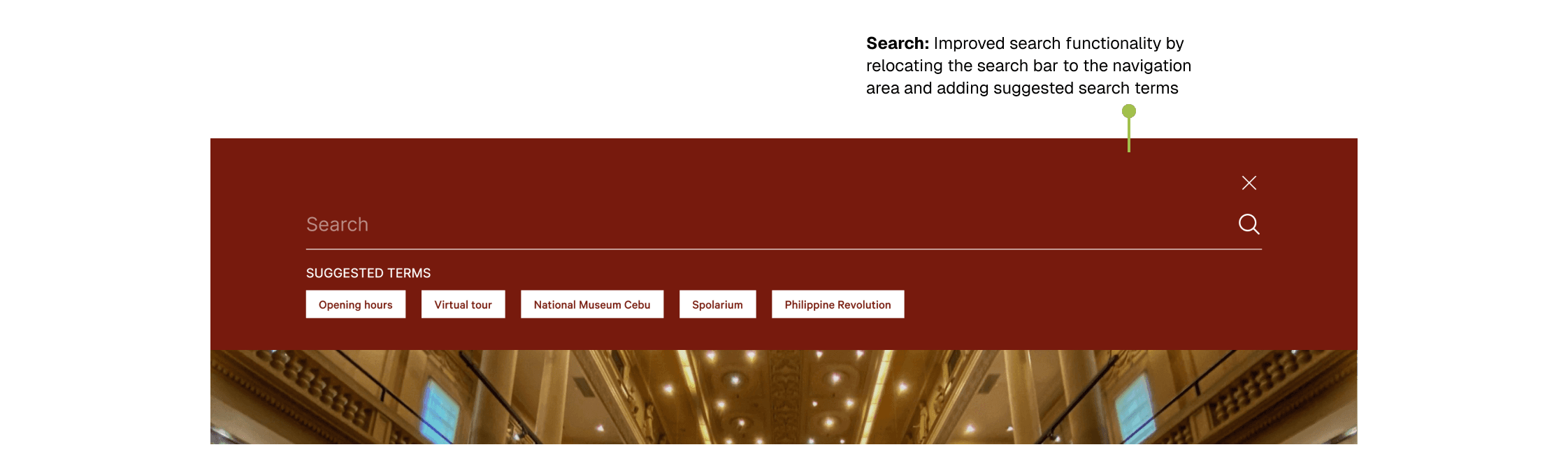 Museum website search interface with suggested search terms displayed below the search bar and an annotation describing the improved search functionality.