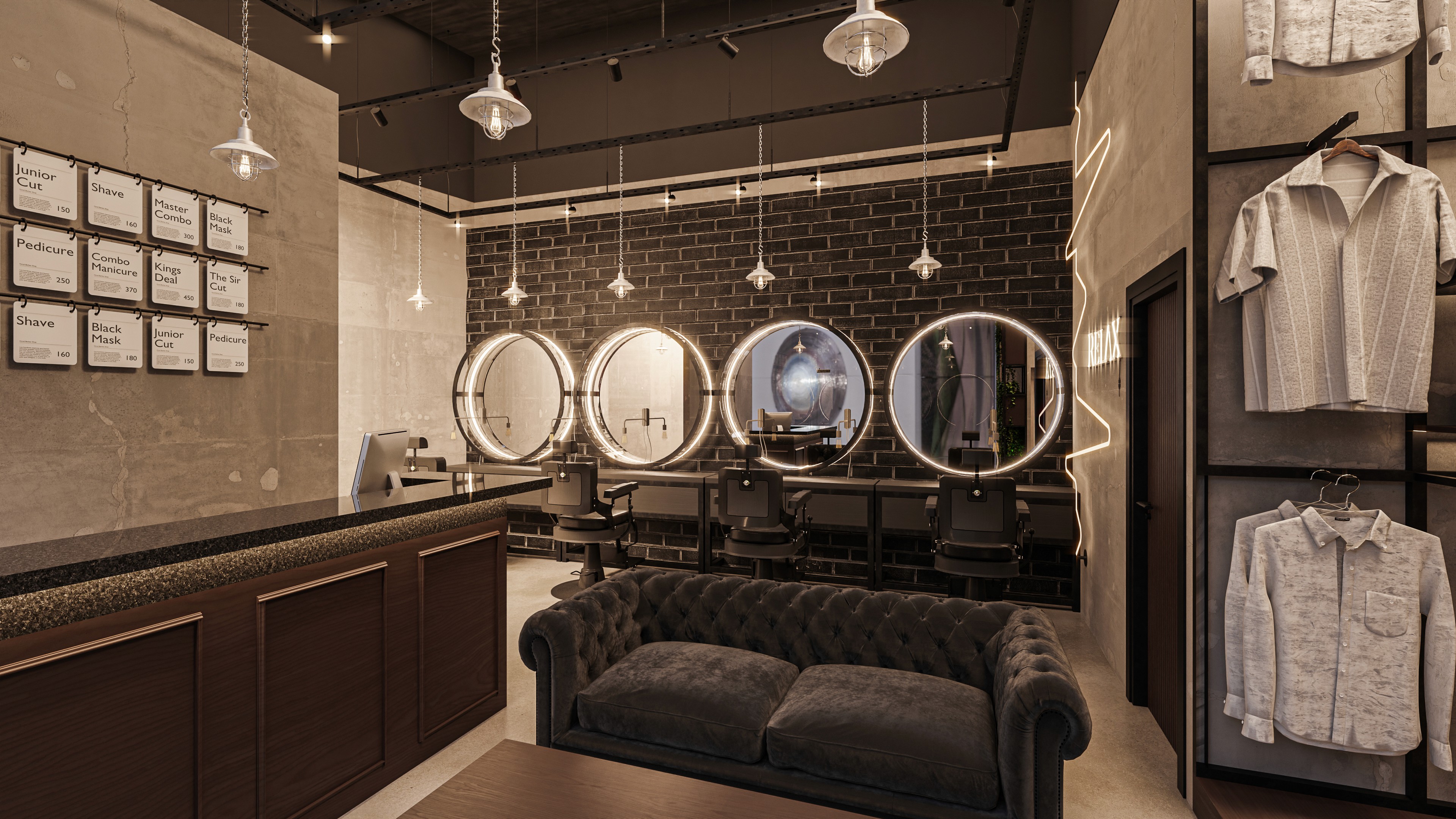 Hovel Barbershop main living room and cut area.