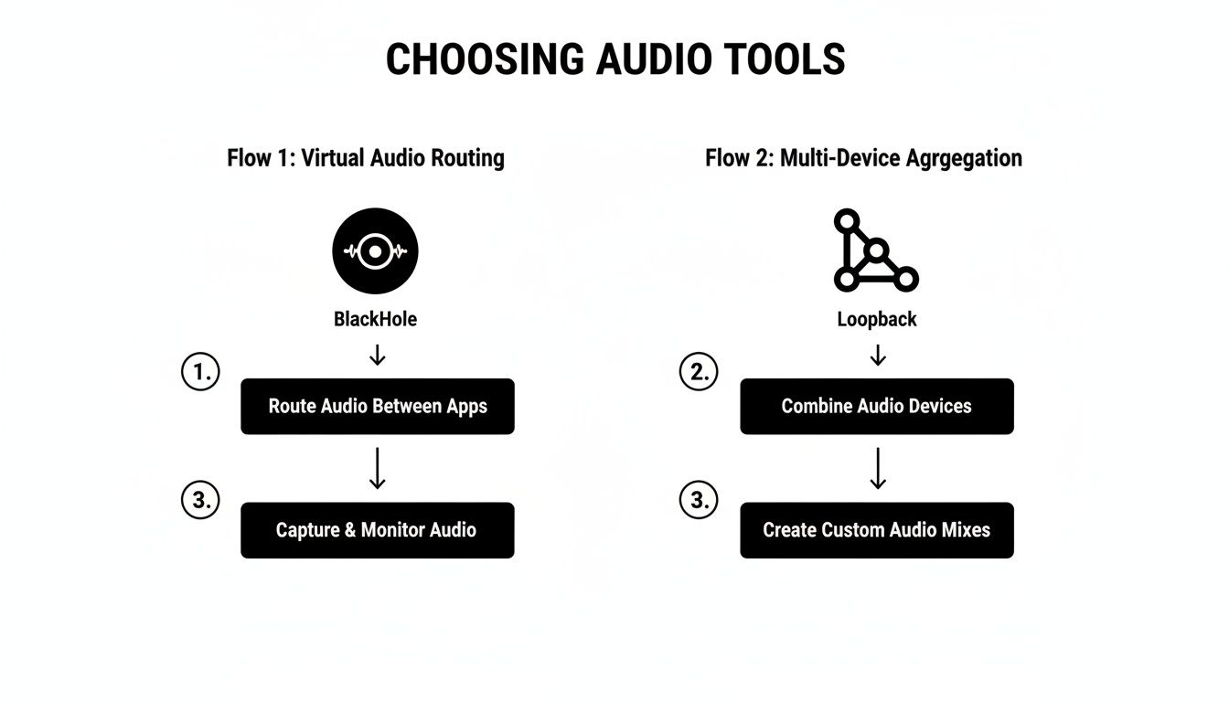 Diagram illustrating two audio tool flows: virtual audio routing with BlackHole and multi-device aggregation with Loopback.