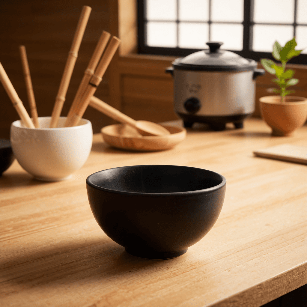 product photography of a small black ceramic bowl, typically used for serving or holding food