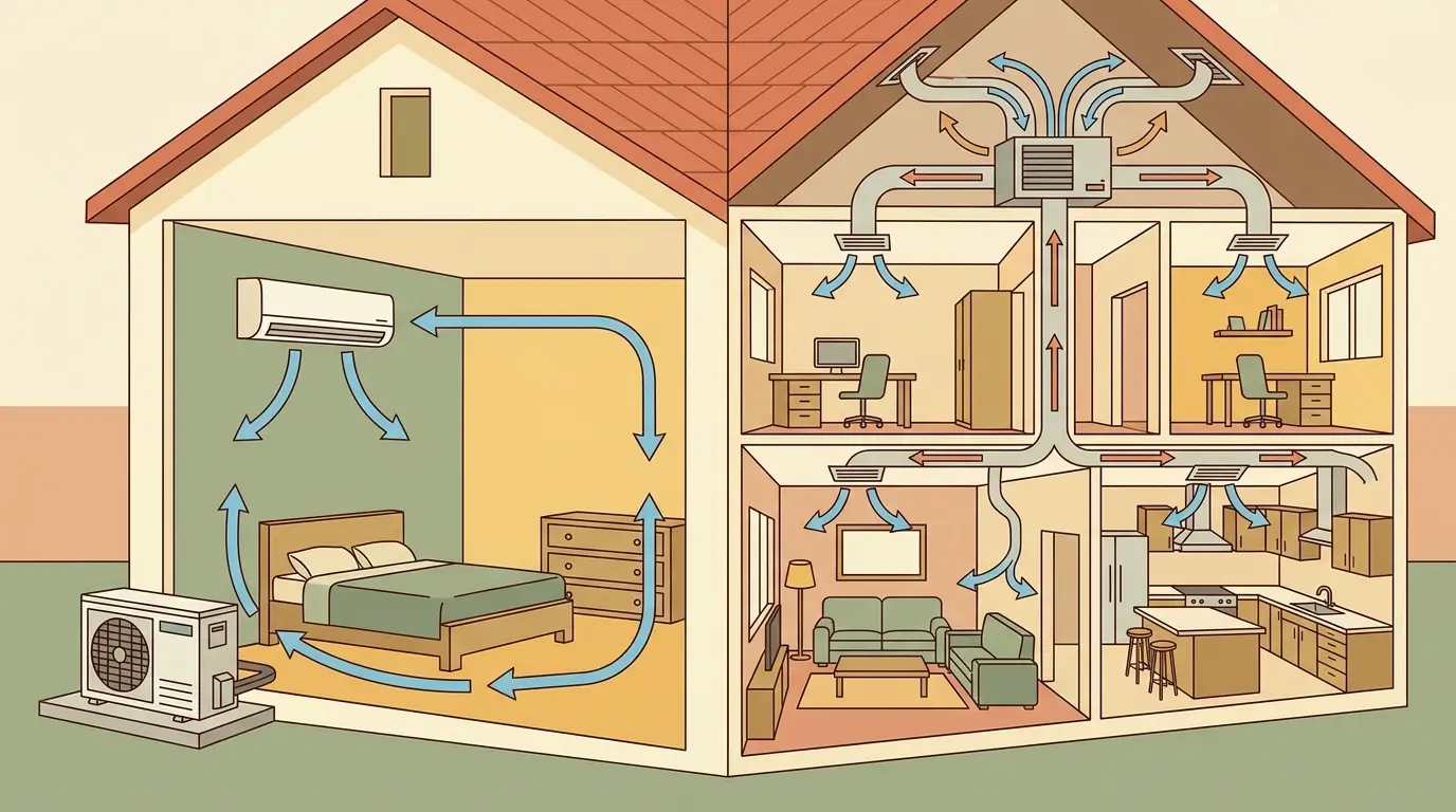 Illustration comparing a single-room air conditioning unit with a central ducted system that moves air between rooms.