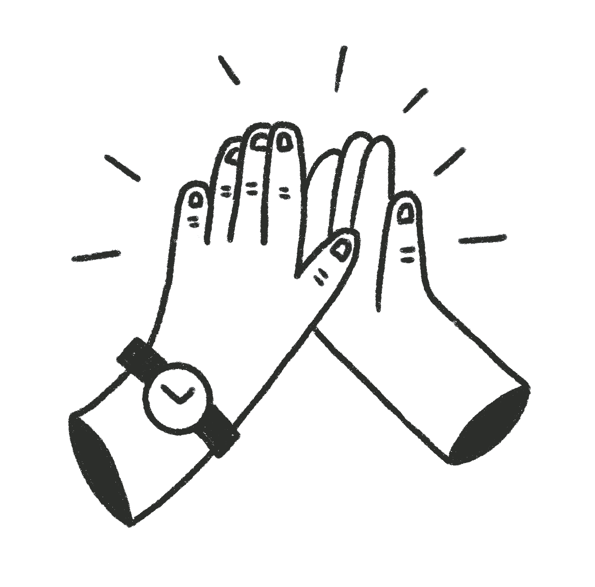 Simple black-and-white hand-drawn illustration of two hands meeting in a high-five gesture, with small motion lines indicating impact or celebration.