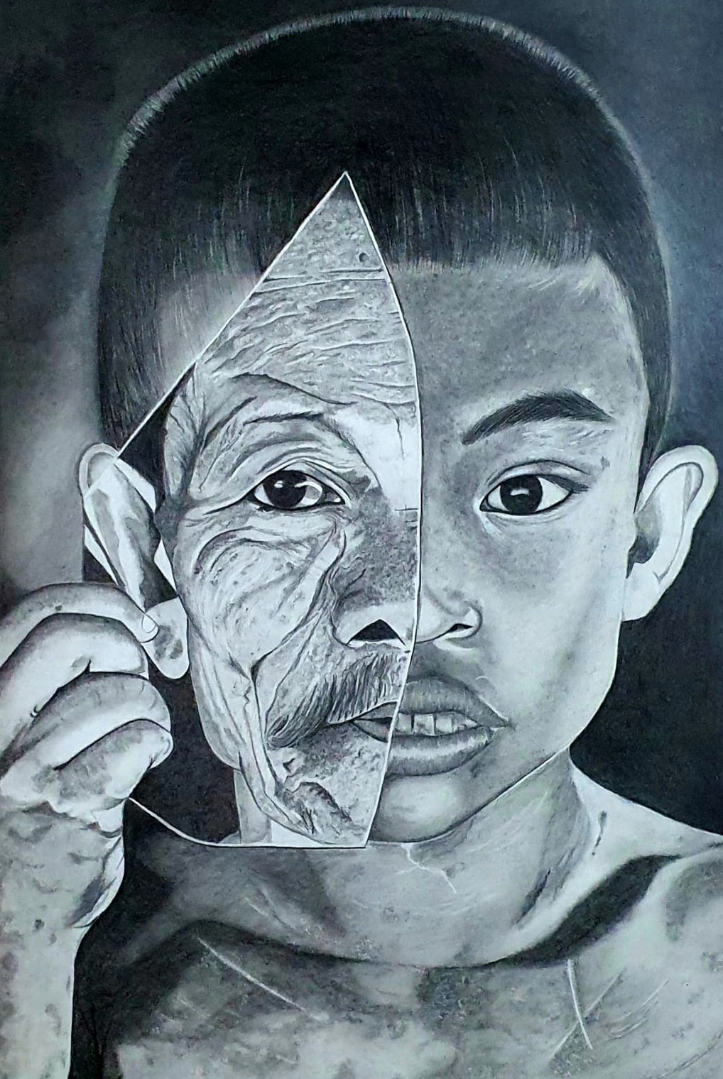 Pencil shading portrait showing a young boy morphing into an elderly face with detailed graphite textures.