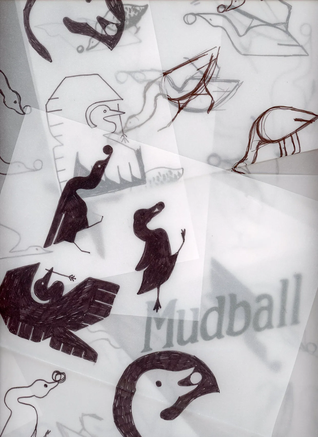 Brand concept sketches and visual identity explorations on tracing paper