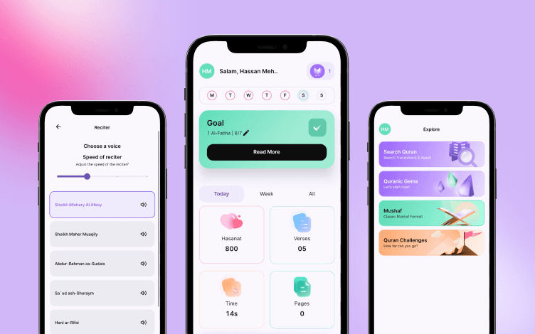 Showcase of the user-friendly Quranly app interface, demonstrating easy navigation through voice selection, goal setting, and educational tools, underlining its status as the top Quran app.