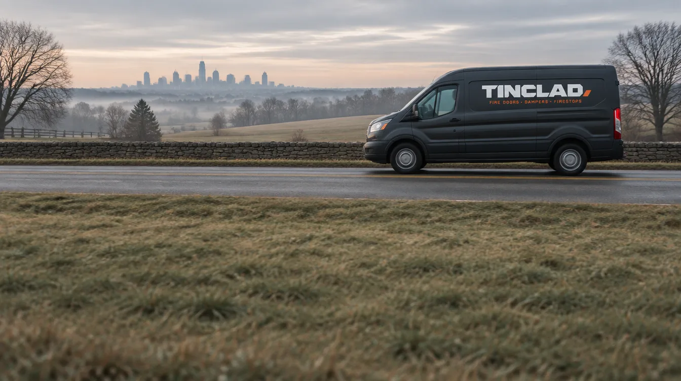 Tinclad van on a Montgomery County road with Philadelphia in the distance