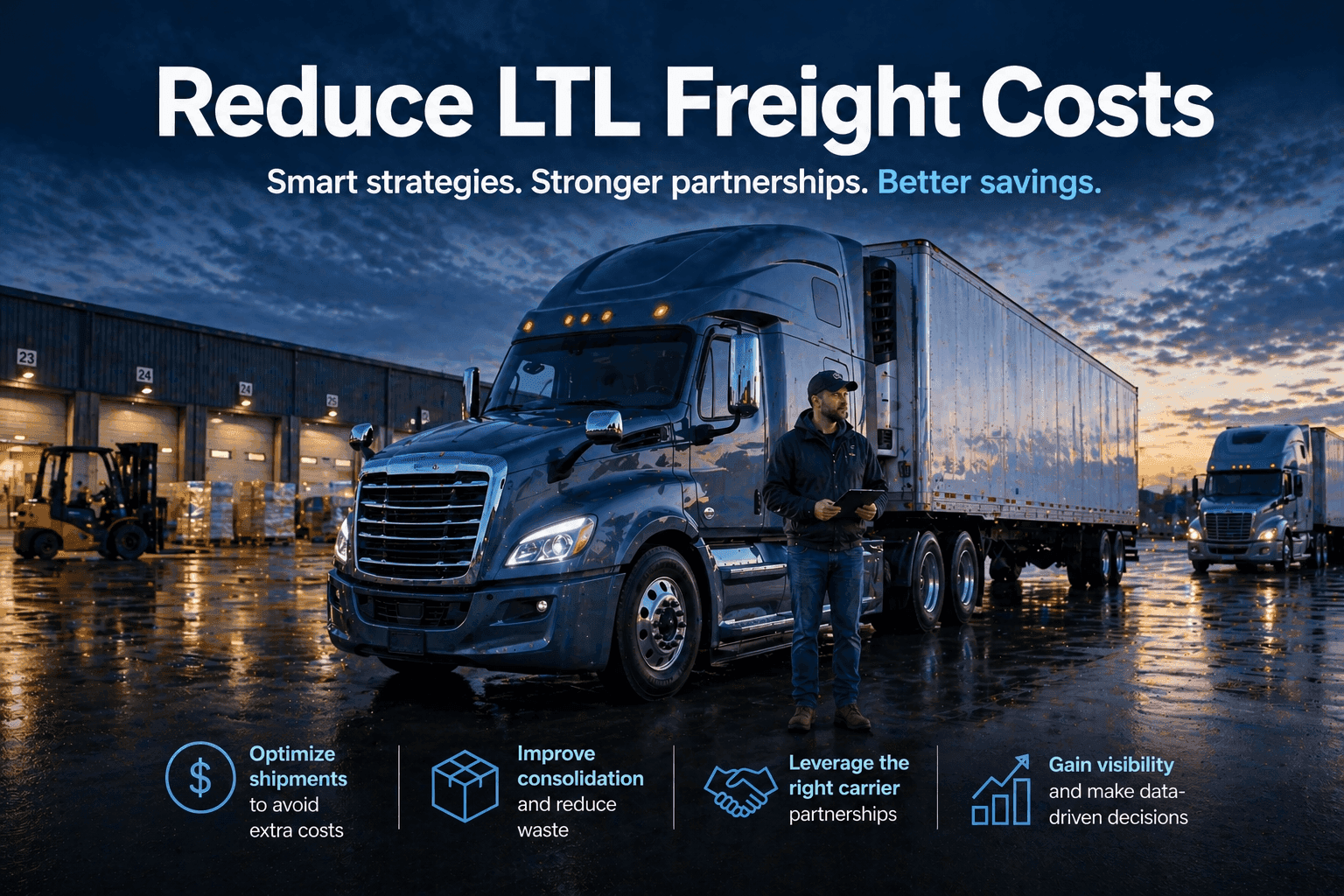 Semi truck at a busy warehouse with a worker holding a tablet, showing strategies to reduce LTL shipping costs such as consolidation and better carrier selection.