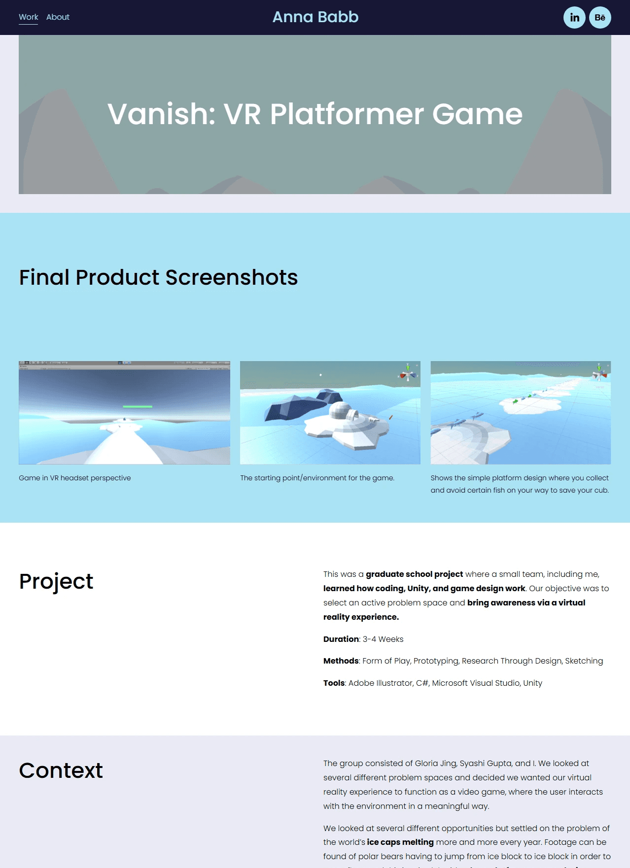 Screenshot of Anna Babb's previous Squarespace Vanish case study page. Navy header with the title "Vanish: VR Platformer Game." The page scrolls through sections including Final Product Screenshots showing icy arctic environments, then Project, Context, Research, Define, Test, Code with dark terminal screenshots, and a Retrospective section at the bottom.
