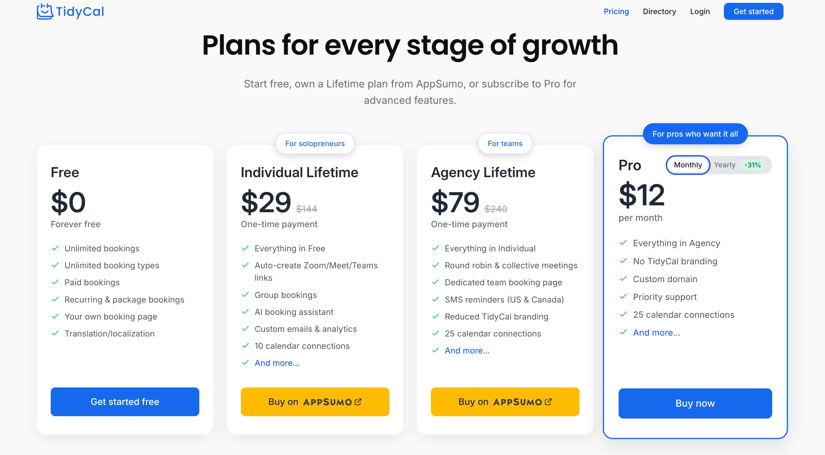 Tidycal pricing page showing subscription plans and feature comparisons