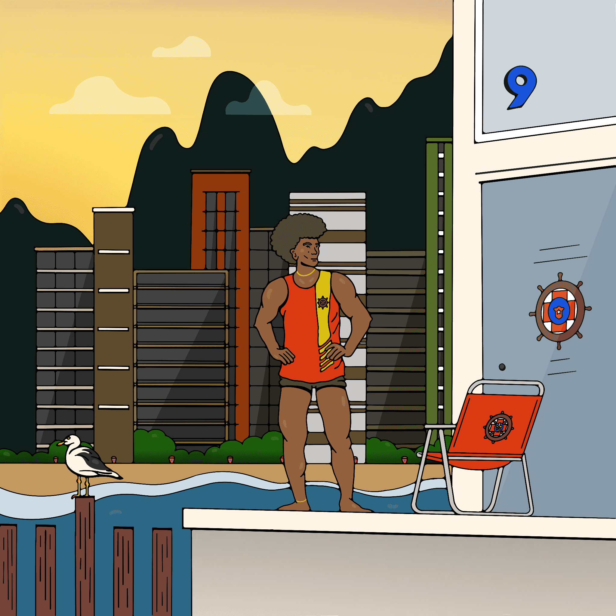 Illustration of a Brazilian lifeguard keeping watch with city buildings in the background.