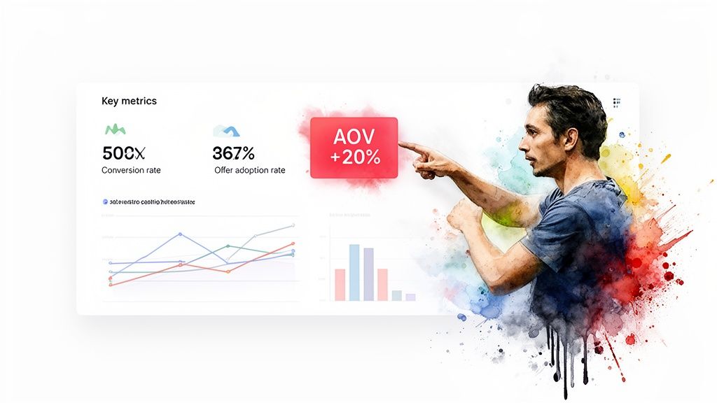 Watercolor man interacts with a business dashboard displaying key metrics like conversion rate and AOV.