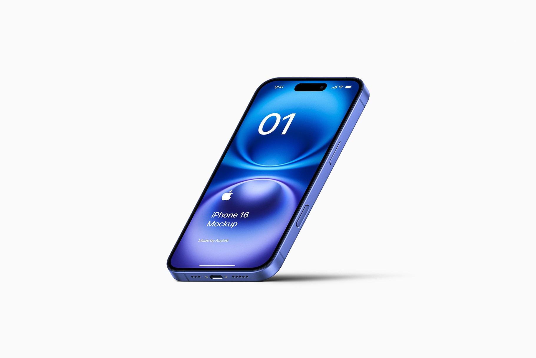 Angled floating iPhone 16 mockup in blue with soft shadow, perfect for showcasing UI designs.