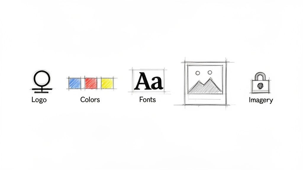 Sketches illustrating essential brand identity design elements: logo, colors, fonts, and imagery concepts.
