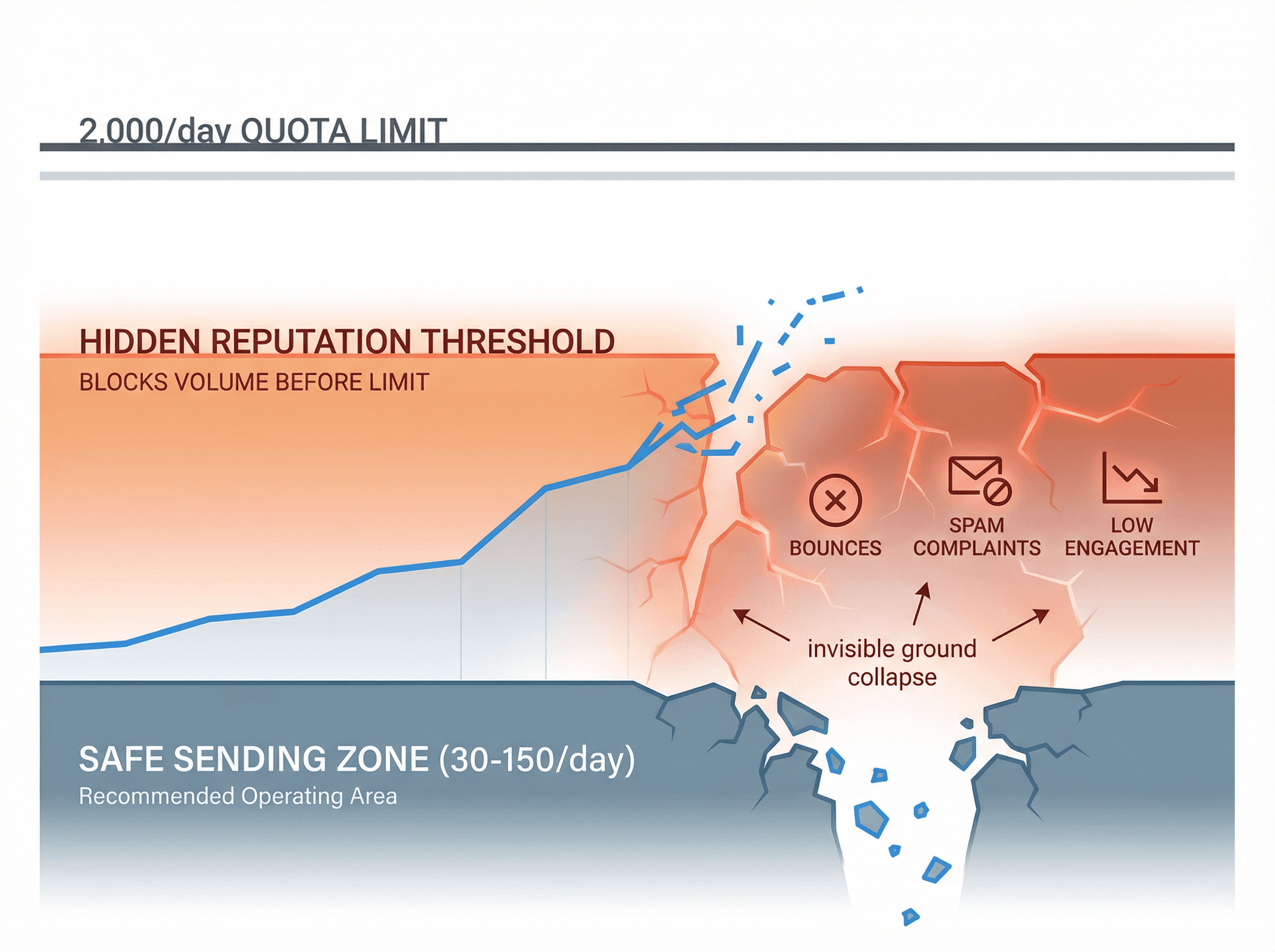 Editorial diagram showing email sending quotas as visible cliff edges vs. hidden reputation thresholds that block sending first