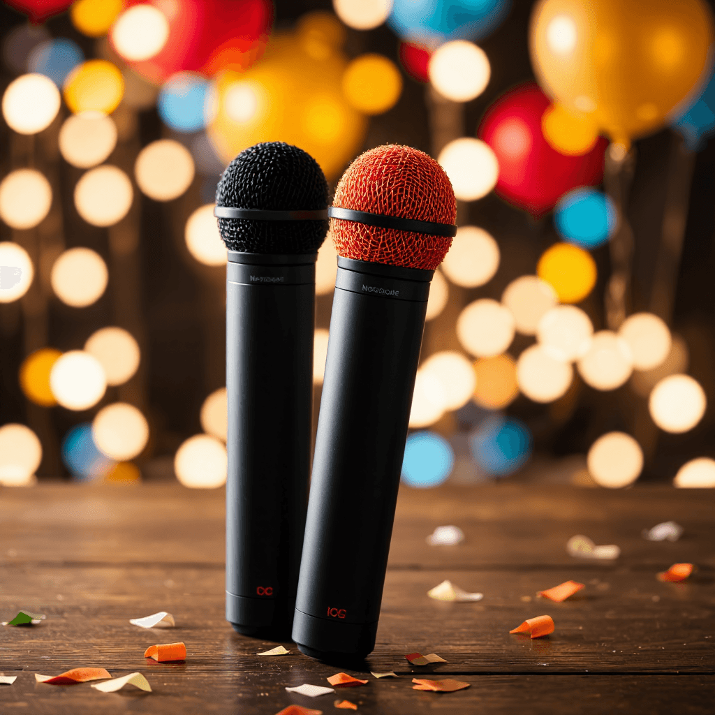 product photography of a pair of portable microphones designed for audio recording and amplification