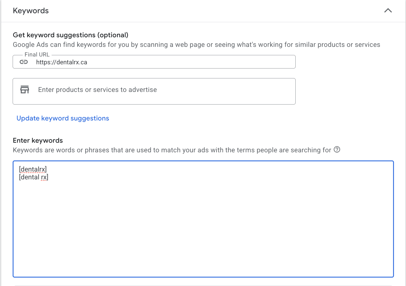 Google Ads Keyword Selection: Enter exact match keywords