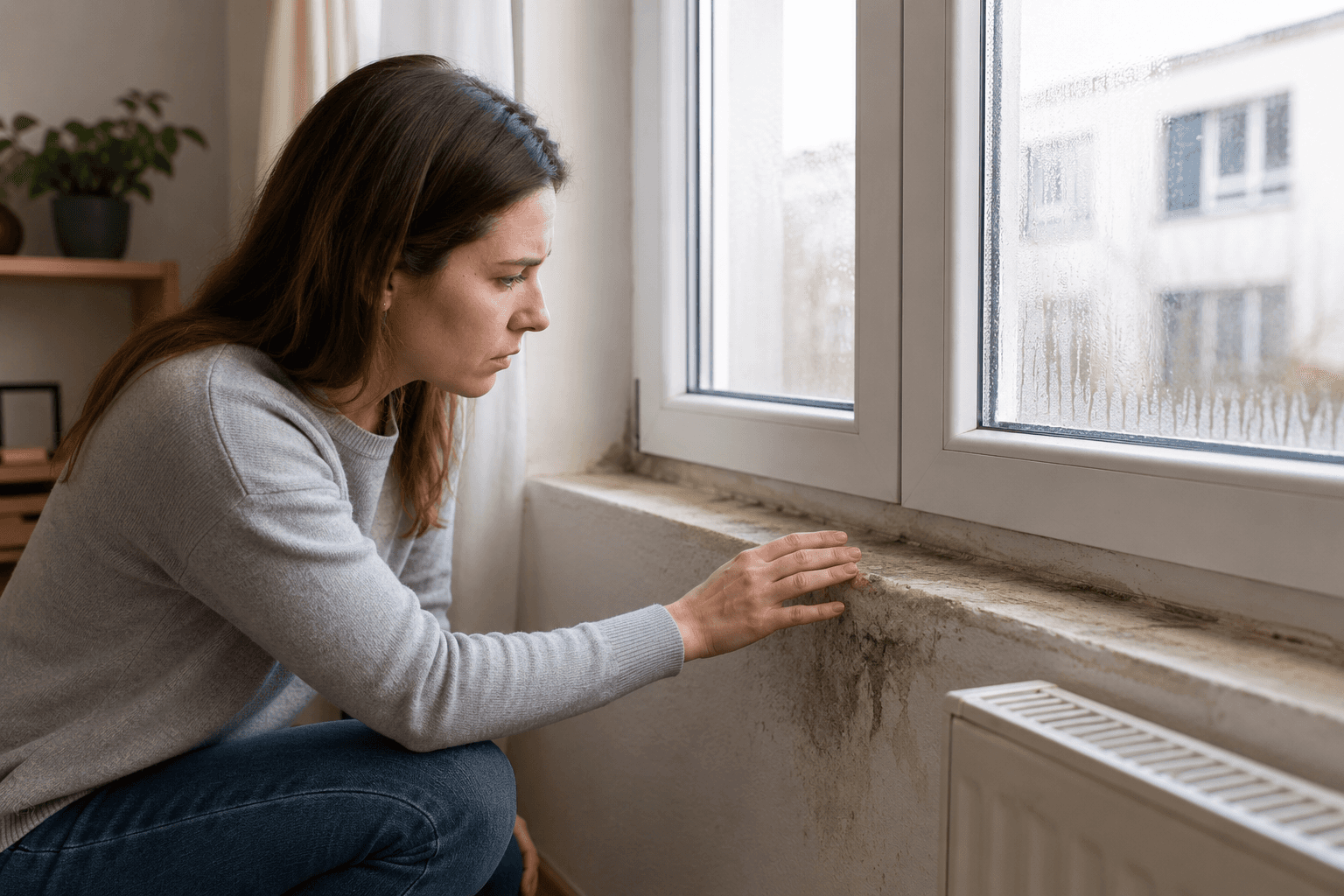 Eine Mieterin untersucht Feuchtigkeitsspuren und Verfärbungen im Bereich eines Fensters ihrer Wohnung. Kondenswasser und sichtbare Schäden am Fensteranschluss deuten auf mögliche Undichtigkeiten hin, die zu Feuchtigkeit und Schimmelbildung führen können.