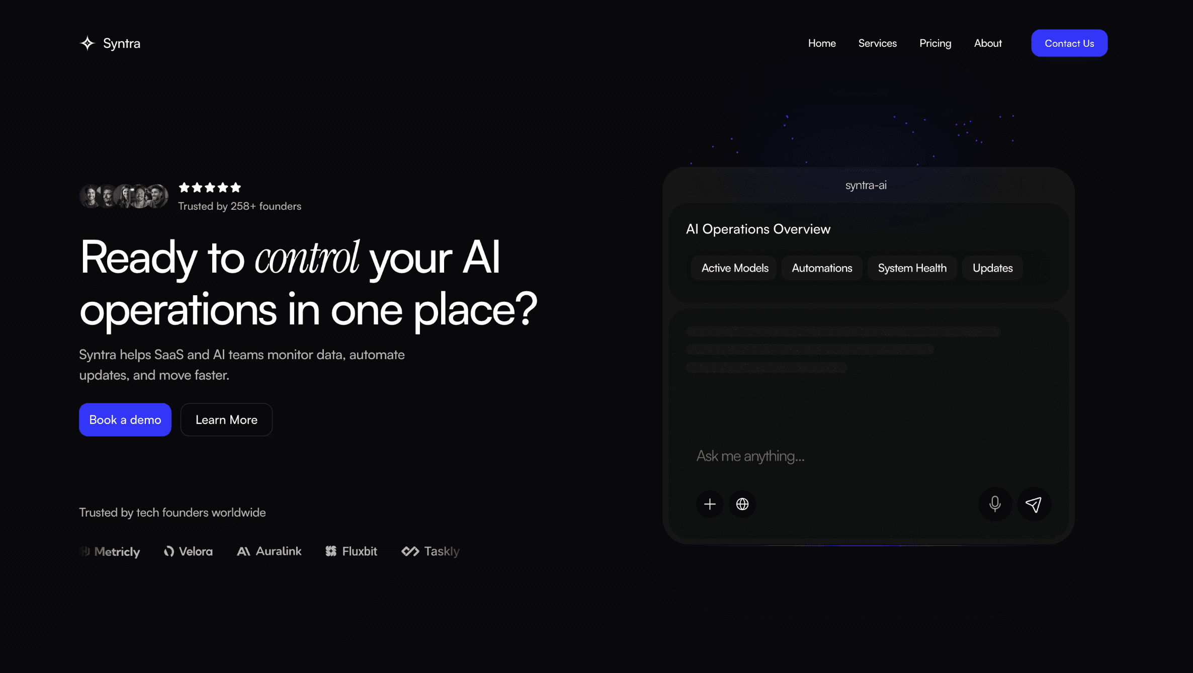 AI operations dashboard design for Syntra — SaaS platform by Luna UI Design Studio