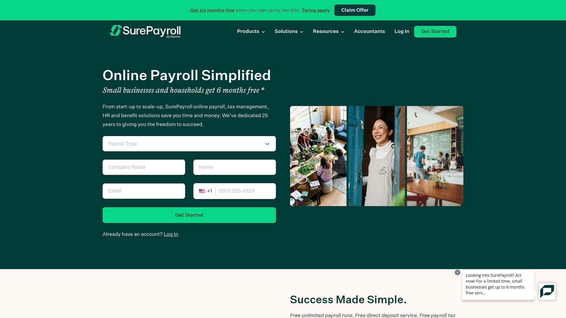 SurePayroll homepage with signup form and three photos of small business settings, highlighting a 6-month free trial offer.