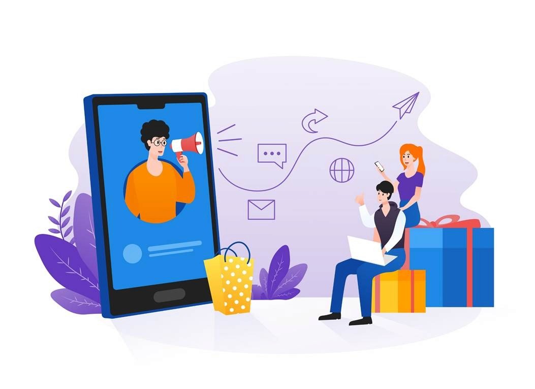Creator with megaphone on a mobile screen reaching shoppers with gifts and bags, representing influencer-driven social commerce