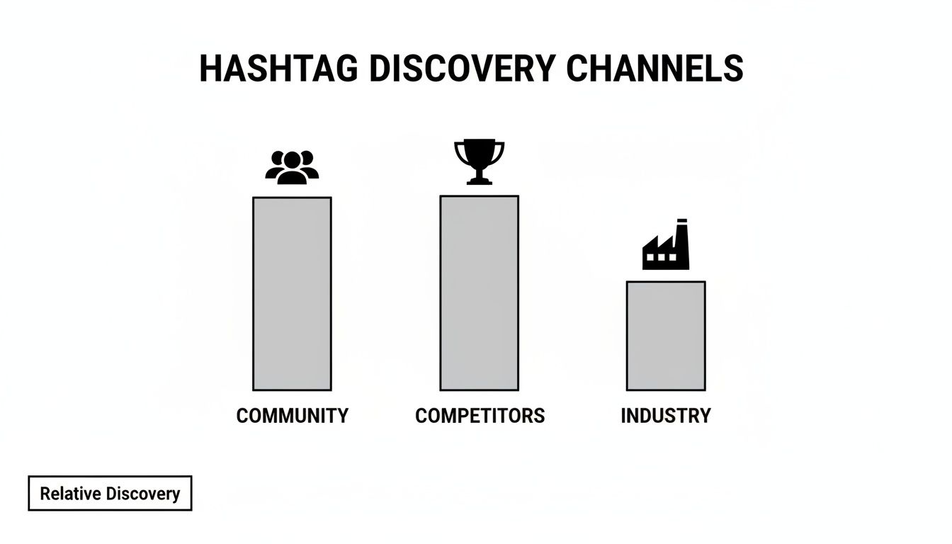Bar chart showing hashtag discovery channels with Competitors and Community having higher relative discovery than Industry.