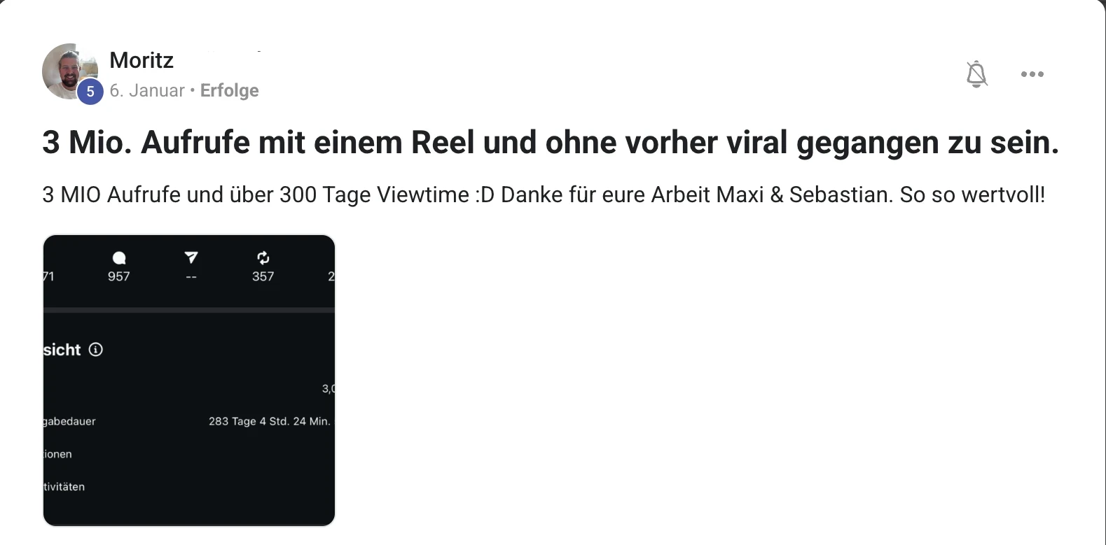 Kundenstimme KI Creator Akademie: Moritz erzielt 3 Millionen Aufrufe mit einem einzigen Reel