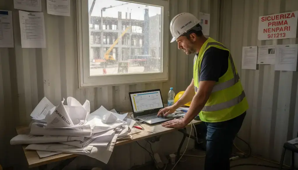 Il responsabile di cantiere sta sistemando e archiviando i documenti con il gestionale sicurezza sul lavoro nel suo ufficio prefabbricato.