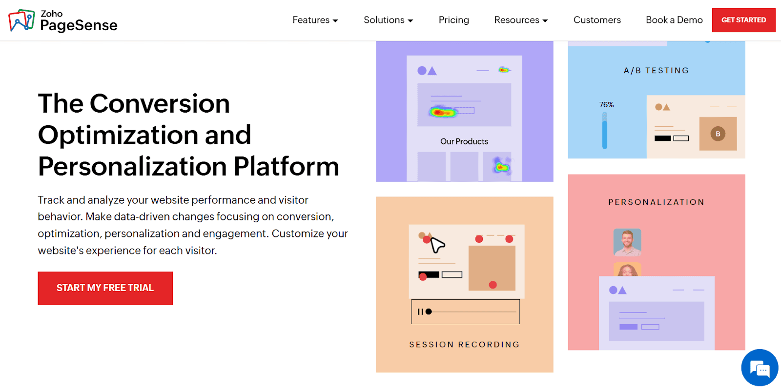 Zoho PageSense homepage highlighting A/B testing, heatmaps, session recording, and personalization.