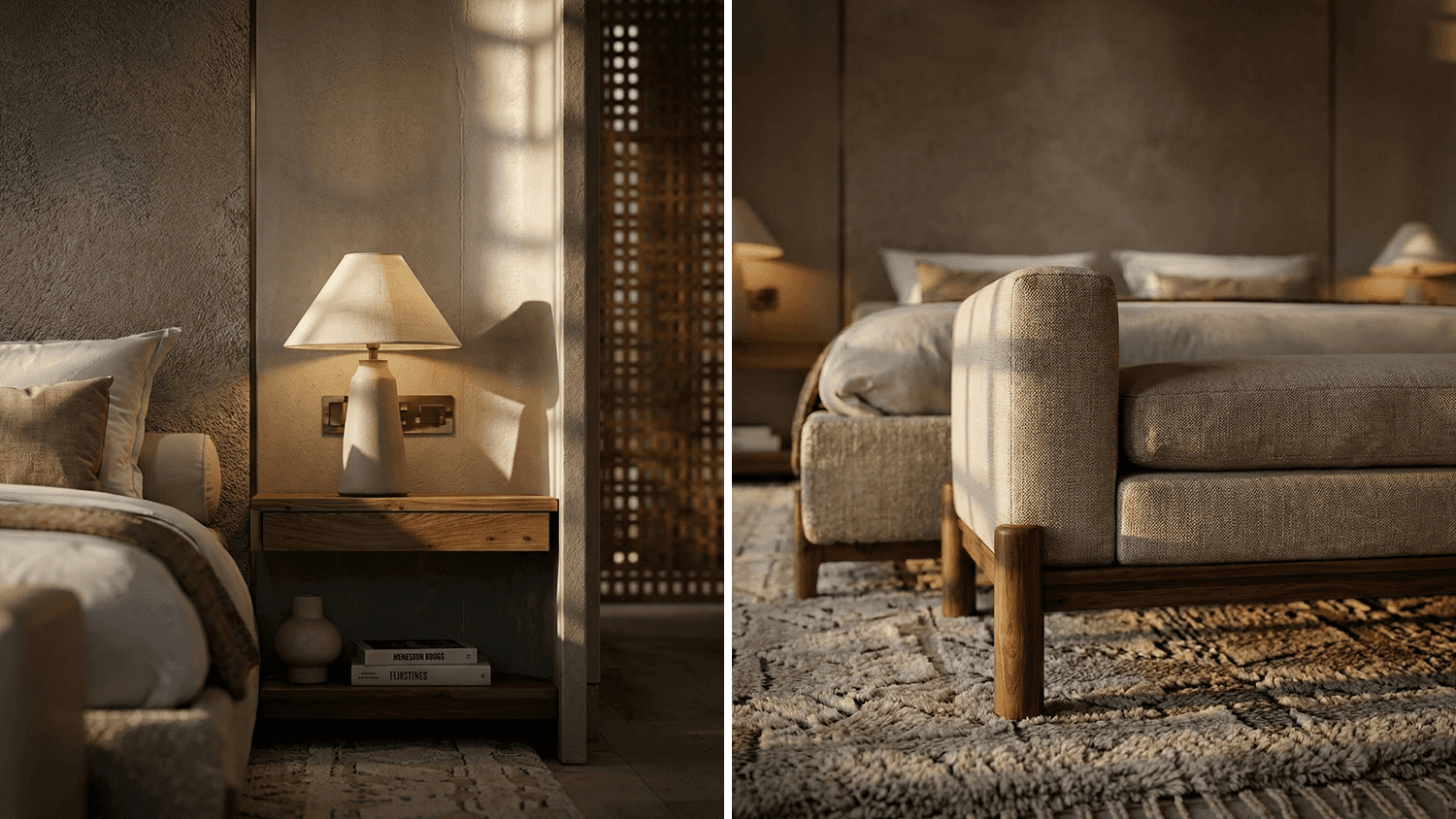 Interior render of a bedroom with a big window with a lattice